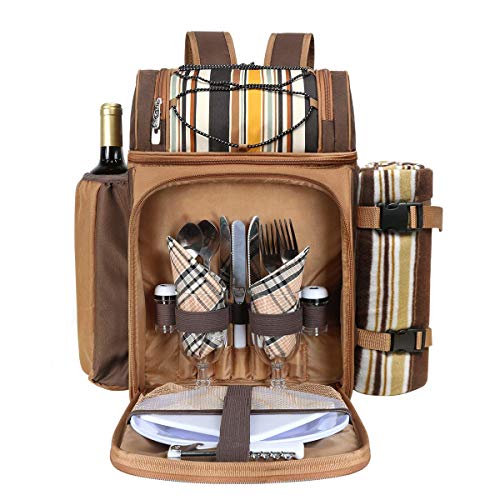 Hap Tim Picnic Basket Backpack for 2 Person with 2 Insulated Cooler Compartment, Wine Holder, Fleece Blanket, Cutlery Set, Wedding Gifts for Couples, Bridal Shower Gifts, Engagement Gifts - color: Brown, size: 2 Person
