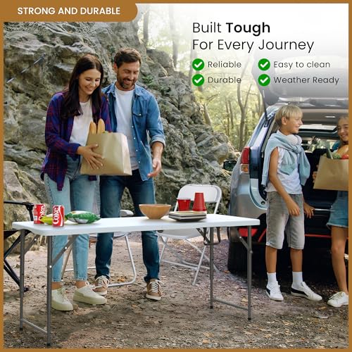 5.5 Feet ADJUSTABLE Foldable Table with Built in Handle & Steel Legs | 5.5FT Heavy Duty Folding Portable | Perfect for Party, Dining, Wedding, Events, Picnic Indoor, Outdoor, Camping, Utility, Folding - color: White, size: 5.5 FT
