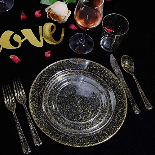 WELLIFE 175 Pieces Gold Glitter Plastic Plates with Silverware and Cups, Includes: 50 Plates, 50 Forks, 25 Knives,25 Spoons and 25 Cups for Party - color: Gold Glitter(175pcs), size: 25 Guests