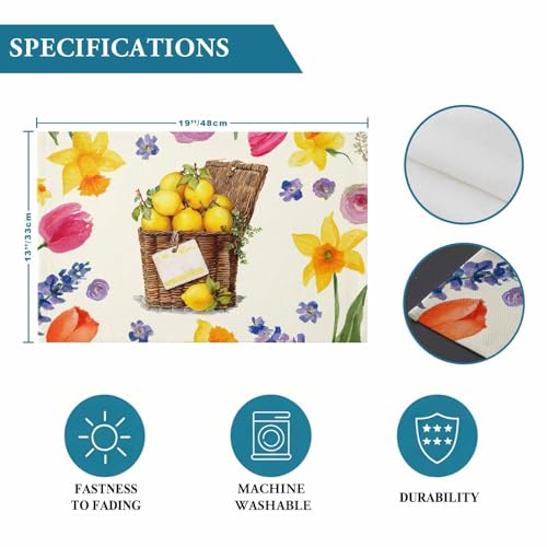 Spring Flowers Watercolor Placemats Set of 12, Summer Picnic Basket of Lemons Table Mats Washable Heat-Insulation Non-Slip Place Mats for Kitchen Dinner Table Indoor Outdoor Decor - size: 13''x19'' - 12PCS