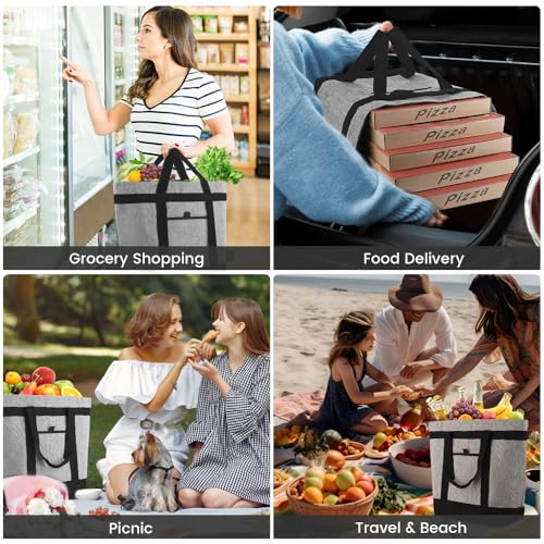 Insulated Reusable Tote Bag for Grocery Shopping for Women, Insulated Pizza/Food Delivery Bag to Keep Food Cold/Hot, Waterproof PRO, Grey, 1PK - color: Grey, size: Waterproof PRO