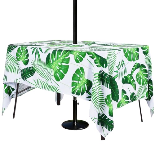 Poise3EHome 60X84 Outdoor/Indoor Waterproof Tropical Rectangle Tablecloth Green with Umbrella Hole Zipper for Camping Picnic Party Patio Table Spring, Palm Leaf - color: Palm Leaf, size: 84" x 60" (Rectangular)