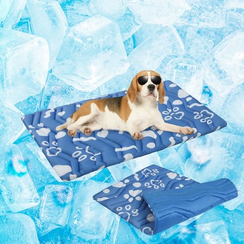 BEAUTYZOO Dog Cooling Mat- Upgraded Thicken Cooling Mat for Large Dogs Reversible(Cool & Warm) Pet Ice Cool Bed Washable & Portable, Summer Crate Pad for Big Dog Puppy Up to 44 lbs, Paw Blue 36X23IN - color: Navy Blue, size: 36.0"L x 23.0"W x 1.0"Th(M)