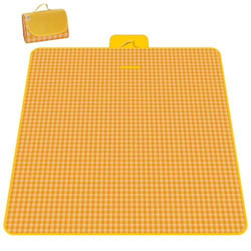 Picnic Blanket 77 x 79 Inches Waterproof Oxford Fabric Picnic Blanket Portable and Foldable Outdoor Mat for Camping, Beach, and Family Picnics - color: Yellow&white
