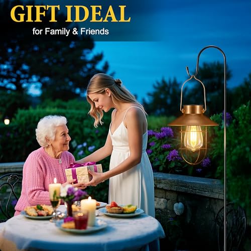 pearlstar 2 Pack Solar Lights Outdoor, Hanging Solar Lanterns with Edison Bulb and 2 x 32 Inch Shepherd Hooks, Waterproof Landscape Lighting for Garden Patio Yard Pathway Driveway Lawn (Copper) - style: Copper Lanterns