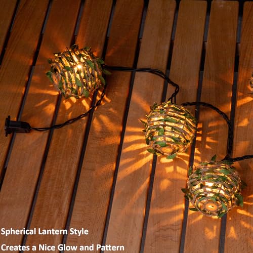 Decorative Lantern String Lights, Outdoor Plug in Hanging Lights with 10 Natural Hemp Rope Leaf Balls, Connectable Weatherproof Patio Globe Boho String Lights for Home Pergola Porch Party Backyard - style: Hemp Rope with Green Leaf Balls