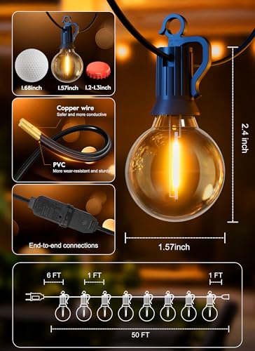 Outdoor String Patio Lights, 50FT 50 LED Patio Lights Waterproof, Connectable Shatterproof Hanging Outside String Light for Backyard, Porch, Deck, Balcony, Garden, House Decor, 2200K - size: 50ft 50led