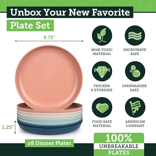 Grow Forward Premium Wheat Straw Plates - 10 Inch Reusable Hard Plastic Dinner Plates Set of 8 - Unbreakable Microwave Safe Plates for Dessert, Camping, RV, Outdoors, Patio, Kitchen Dishes - Tropical - color: Tropical, size: 10 inch