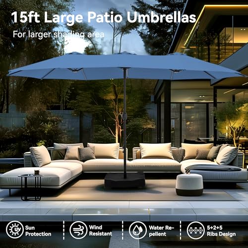 PHI VILLA 15ft Large Patio Umbrellas with Base, Outdoor Double-Sided Rectangle Market Umbrella for Pool Lawn Garden, Haze Blue - color: Haze Blue