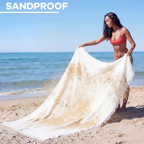 Giant Beach Blanket with Fringe 91 x 71 Inch Waffle Woven Cotton Oversize Yarn Outdoor Picnic Blanket Bohemia Sandproof Beach Towel for Spring Summer Camping Accessories(Milky White)