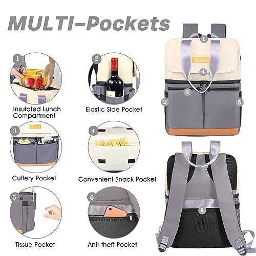 Scothen Backpack Cooler with Double Decker & 12 Ice Packs- Keeps 36 Cans Cold for Up to 24 Hours- Waterproof & Leak Proof Insulated Cooler Backpack- Stylish Cooler Bookbag for Women Travel Work Beach - color: Gray
