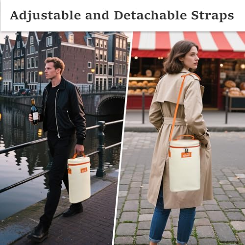 Tirrinia 2 Bottle Wine Gift Tote Carrier - Leakproof & Insulated Padded Versatile Wine Cooler Bag for Travel, BYOB Restaurant, Wine Tasting, Party, Dinner, Gift for Wine Lovers, White Orange - color: White Orange, size: 2 Bottle-without front pocket
