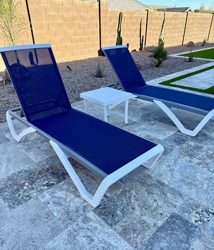 PURPLE LEAF Patio Chaise Lounge Chair Set of 3 Outside Aluminum Plastic Stackable Tanning Chairs for Pool Sunbathing Beach Deck Outdoor Lounger, Navy Blue - color: Navy Blue, style: 2 chairs + 1 table