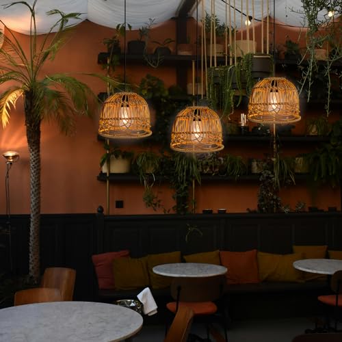 Outdoor Pendant Light Chandelier for Gazebo Battery Operated Boho Hanging Lamp Handmade Rattan Decorative Lights LED Lantern Bulb Powered by 4*AA Batteries for Porch Patio Backyard Decor