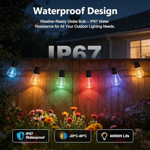 NUERPO Outdoor String Lights, 200FT RGB+IC Outside Light Dimmable Shatterproof LED Bulbs, IP67 Waterproof Chasing Effect Lighting DreamColor Patio Strip Lights for Backyard, Balcony, Outdoor Living - size: 200FT String Lights