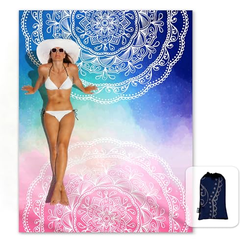 Sunlit Silky Soft Sand Proof Beach Blanket 106"x81" / 85"x72" Sand Proof Mat with Corner Pockets and Mesh Bag for Beach Party, Travel, Camping and Outdoor Music Festival, Mandala - color: Blue Pink, size: 85"x72"
