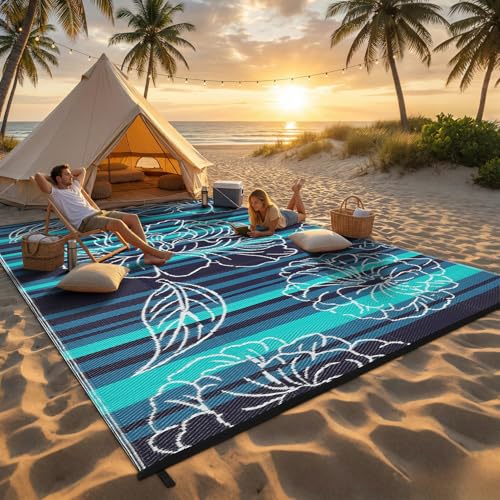 Garvee 6x9 Outdoor Waterproof Rug, Floral Outdoor Area Rug，Reversible Plastic Straw Patio Rug, Portable Camping Mat for RV, Picnic, Beach, Balcony, Garden & Camping Black&Blue - color: Blackblue, size: 6' x 9' (Rectangular)