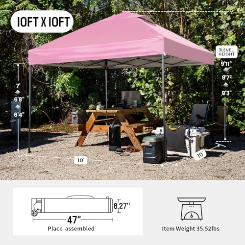 CROWN SHADES 10x10 Pop Up Canopy Tent - Patented Center Lock One Push Instant Outdoor Canopy Beach Tent with STO-N-Go Bag 8 Stakes & 4 Sand Bags，Pink - style: Pink