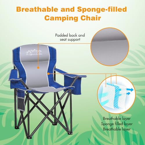 Camping Chair Portable Folding Outdoor Chair Heavy Duty Padded Chairs Lawn Chair with Cup Holder, Storage Pocket and Cooler Bag, Supports 500 LBS, Blue - color: Blue