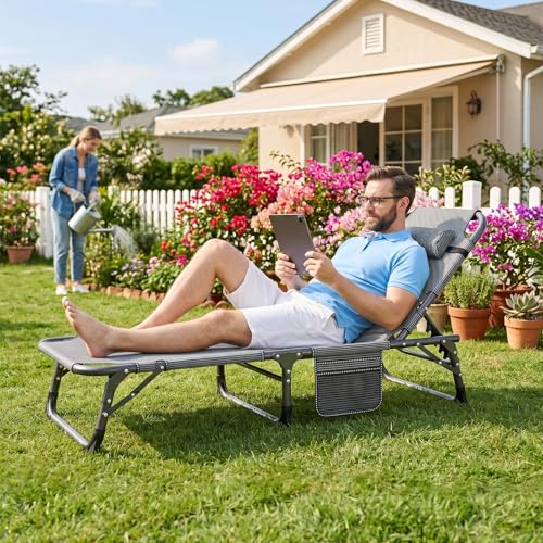 ABORON 3-in-1 Folding Patio Lounge Chair, 440LB Heavy-Duty Tri-Fold Guest Bed with Plush Cotton Cushion, No Assembly Adjustable Recliner for Office Nap, Patio Sunbathing, Poolside & Camping - color: Stone Obsidian-dusk