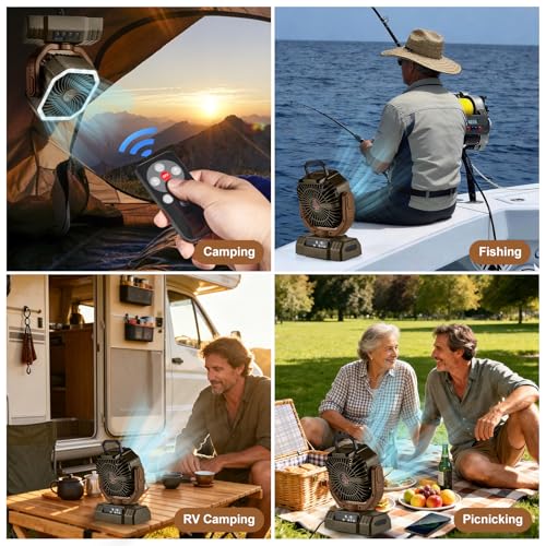 Odoland Portable Camping Fan with LED Lantern, 20000mAh Rechargeable Battery Powered Fan with Auto Oscillation, Timer, Remote, 360° Rotation Hook, 4 Speeds for Power Outage Travel Home,Brown - color: Brown