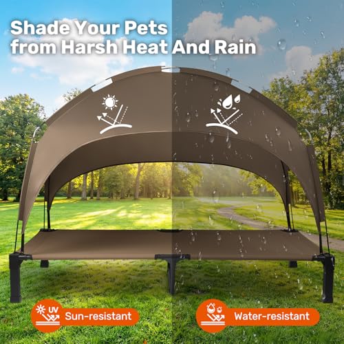 Heeyoo Elevated Dog Bed with Removable Canopy, Portable Dog Cot with Sun Protection Shade Tent, Raised Pet Cooling Cot Bed for Dogs, 60in - color: Brown, size: 60"L x 36"W x 9.5"H