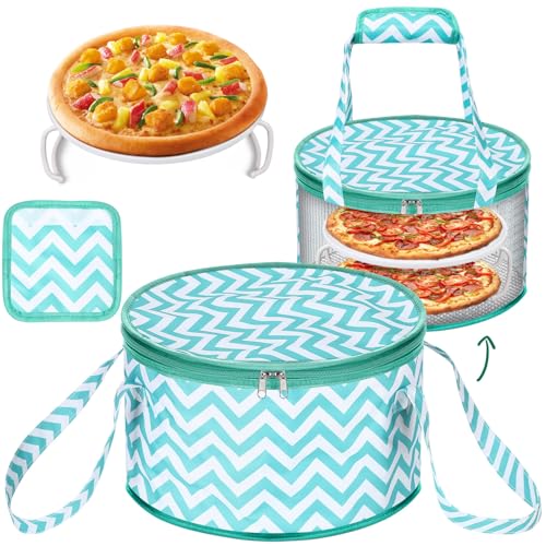 Pickmesh Round Pie Carrier 12 x 7 Inch Insulated Casserole Carriers with Lid and Detachable Handle for Hot or Cold Food Cake Transport Thanksgiving Christmas Gift(Cyan White Zigzag) - color: Cyan White Zigzag