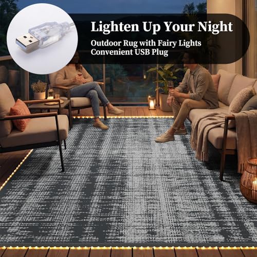 MontVoo Outdoor Rug Waterproof 8x10 ft with Strip Lights Outdoor Patio Rug Mat Reversible Plastic Straw Rug Outside Outdoor Rug for RV Camping Picnic Balcony Backyard - color: Grey Lighted, size: 8' X 10' (Rectangular)