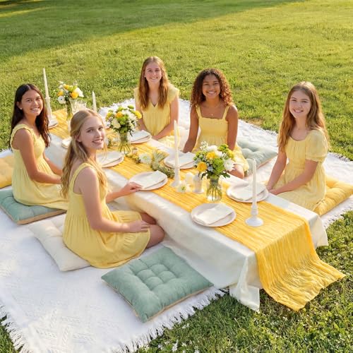 Extra Large Outdoor Picnic Blanket with Table Runner and Floor Pillow Cushion for Picnic Wedding Birthday Baby Shower Backyard Decor(91 x 71'',Light Beige,Yellow,Green,8 Pcs) - color: Light Beige,yellow,green