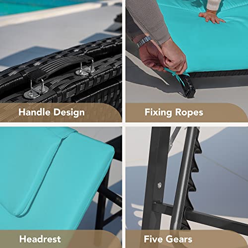 Devoko Patio Chaise Lounge Sets Outdoor Rattan Adjustable Back 3 Pieces Cushioned Patio Folding Chaise Lounge with Folding Table (Blue) - color: Blue