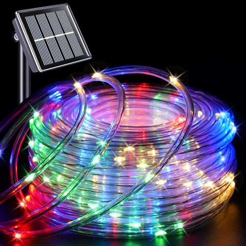 YEGUO Solar Rope Lights Outdoor Waterproof, 66ft 200 LED Multicolor String Lights, 8 Modes Fairy Lights in Clear Thin Tube - color: Multicolor