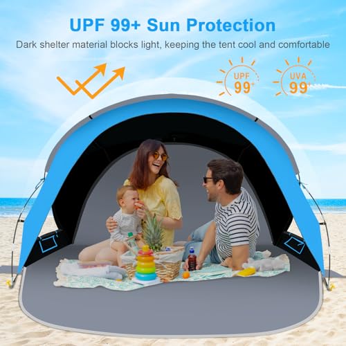 Gorich Beach Tent Sun Shelter with UPF50+ UV Protection for 1-2/3/4-5/6-7 Person, Lightweight & Portable Beach Shade Canopy with 2 Zippered Doors, Easy Setup Family Beach Umbrella - color: Dark Shelter-Skyblue, size: 4 Person