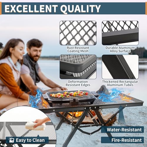HPC DECOR Grill Table with Mesh Desktop,200lbs 3Ft Portable Folding Table,Camping Table,Picnic Table,Height Adjustable Metal Table for Ourdoor, Camping, Picnic, BBQ and Beach, RV, 35.4" L x 23.6" W - size: 3*2FT