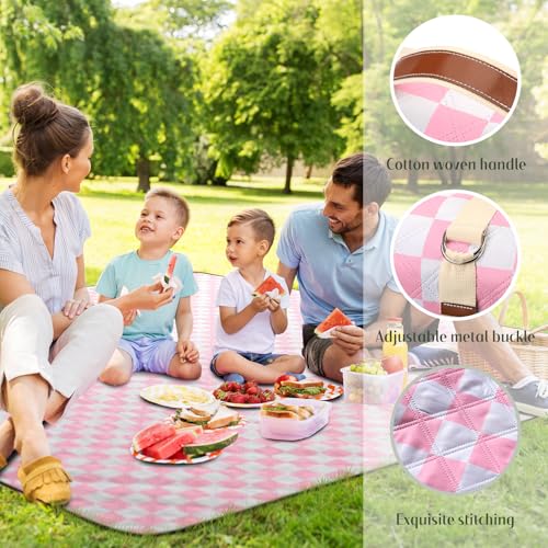 Nuanchu Checkered Picnic Blanket Extra Large Outdoor Blanket Sandproof 80"x80" Waterproof Portable Machine Washable 3 Layer Thick Gingham Picnic Mat for Beach Camping Park Grass Travel (Light Pink) - color: Light Pink