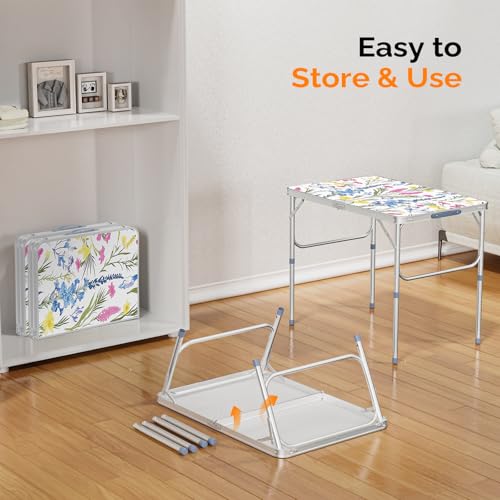 VINGLI 3FT Small Folding Camping Table Adjustable Height Aluminum Folding Table for Picnic Party BBQ, Plastic RV Suitcase Table Portable Lightweight Fold Up Utility Outdoor Tables - color: Flower, size: 3ft