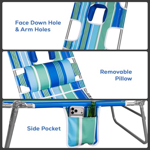 Romswi 2PK Folding Tanning Beach Chair with Face Hole, 5-Position Reclining Sun Lounger, Portable Face Down Tanning Chair with Arm Holes & Side Pocket for Beach, Pool, Patio, Teal and Aqua Stripe - color: Teal and Aqua Stripe, size: 2pcs