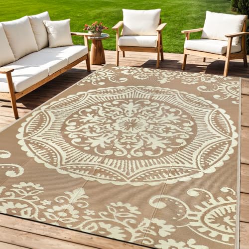 Capslpad 5x8 Outdoor Rug Waterproof Beige Boho Floral Patio Carpet Portable Plastic Straw Rug Foldable Outside Carpet with Carry Bag for RV Backyard Balcony Bench Picnic Porch - color: Light Beige, size: 5' x 8' (Rectangular)