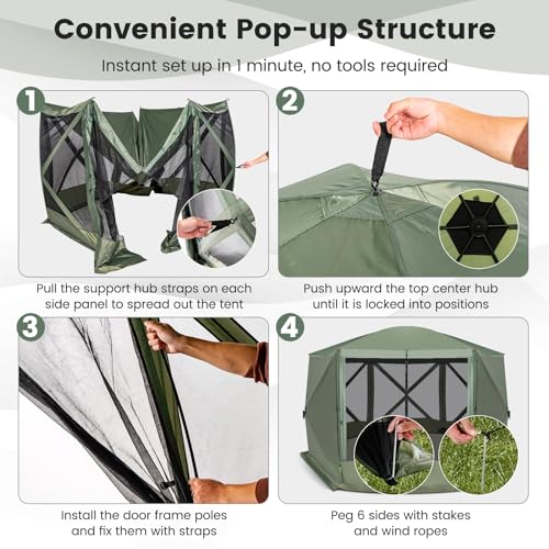 Tangkula 11.5x11.5 Ft Pop Up Gazebo with Netting, Portable Screen Tent with 6 Sided Mesh Walls, 2 Sunshade Cloths, Outdoor Instant Canopy Shelter with Carry Bag for Camping, Lawn, Backyard - color: Green, size: 11.5x11.5 Ft
