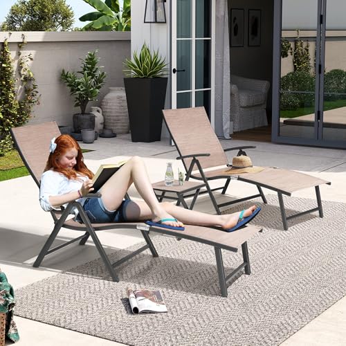 Crestlive Products 2PCS Chaise Lounge Chair Outdoor with 1PC Side Table, Aluminum Folding Patio Recliner Chair, Adjustable 8 Positions Assemble-Free - color: Espresso, size: 3 Pcs