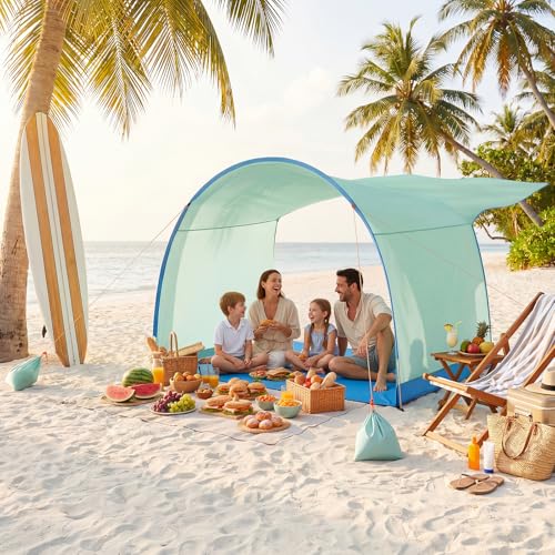 Beach Shelter, Wind-Powered Beach Tent Sun Shelter with UPF50+ UV Protection, Lightweight & Portable Easy Setup Beach Canopy Sun Shade Tent for Family Outdoor Beach Camping & Picnic - color: Fresh Green