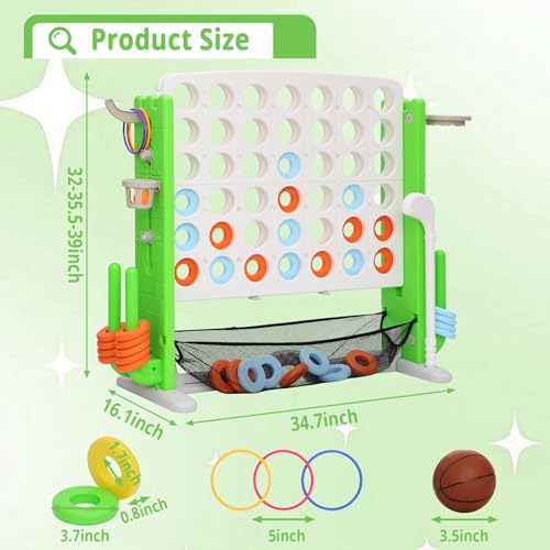 Giant 4-in-A Row Connect Game Set, Height Adjust Jumbo Yard Game for Kids & Adults w/Mesh Catching Bag, Basketball Hoop, Ring Toss & Mini Golf, Family Party 4-to-Score Indoor/Outdoor Games - color: White Green