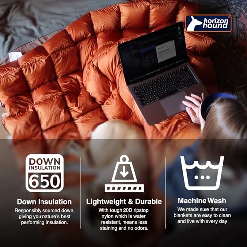 Horizon Hound Down Camping Blanket 650 Fill Power - Ultralight Backpacking Quilt (1lb 6oz) Warm & Water-Resistant 20D Nylon Shell for Outdoors, Camping, Hiking, Travel, & Stadium - Packable - color: Burnt Orange