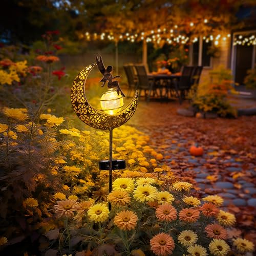 Fairy Garden Solar Lights Outdoor Decor, Moon Garden Stakes, Waterproof Outdoor Metal Decorations Gifts for Women and Mom, Art Moon Sculpture for Walkway, Yard, Patio, Garden and Porch, 1 Pack - size: 1