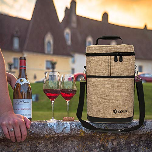 OPUX 2 Bottle Wine Bag Tote Carrier | Leakproof Insulated Wine Cooler Bag for Travel, BYOB, Picnic | Padded Portable Wine Bottle Bag for Dinner Party, Christmas Gift for Wine Lovers, Women, Men, Taupe - color: Heather Taupe