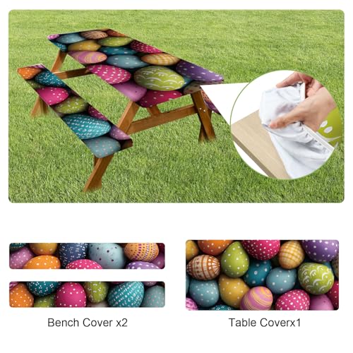 ANNA QUEEN Easter Holiday 6FT Picnic Table Cover with Bench Covers Set of 3 with Drawstring Bag, Colorful Easter Eggs 72"x30" Waterproof Fitted Picnic Tablecloth & Bench Covers for Outdoor Dining - color: #58