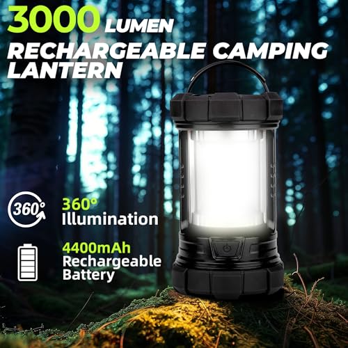 Camping Lantern 3000LM, LED Lanterns for Power Outages with 4400mAh Phone Charger, Impact-Resistant Rechargeable Lantern, 5 Light Modes Waterproof Lantern for Hurricane Emergency(Black) - style: 1-Black