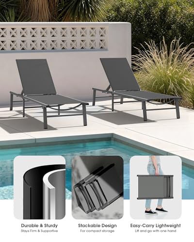 Ciokea Foldable Outdoor Lounge Chair Set of 2, No Assembly Aluminum Chaise Lounge Outdoor with 5 Adjustable Positions, Pool Lounge Chairs with Portable Design for Pool, Beach, Deck, Patio, Grey - color: Grey-upgraded, size: 2 Packs