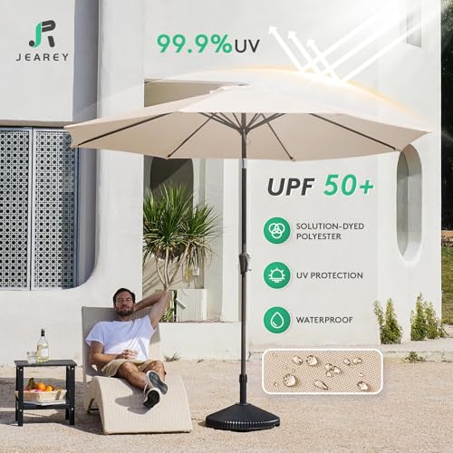 JEAREY 9FT Outdoor Patio Umbrella Market Umbrella with Push Button Tilt and Crank, Outdoor Table Umbrellas 8 Sturdy Ribs UV Protection Waterproof for Garden, Deck, Backyard, Pool (Cream Beige) - color: Cream Beige