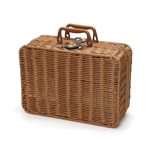 Mini Wicker Picnic Basket, Decorative Prop Suitcase Vintage Storage Hamper Makeup Organizer, 11.5" Metal Lock Plastic Rattan Storage Box with Handles for Sundries Travel Camping and Outdoor Party (L) - color: Brown, size: Large