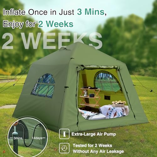 KNUO Inflatable Camping Tent, Large Blow-Up Air Tent, No Assembly Needed Luxury Glamping House, Oxford Fabric - color: Field Green-Dual-layer Doors, size: 7.8x7.8ft